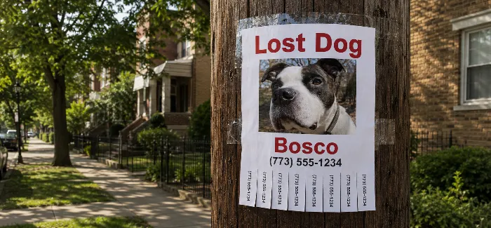 Illustration of a lost dog flyer posted in a Chicago neighborhood